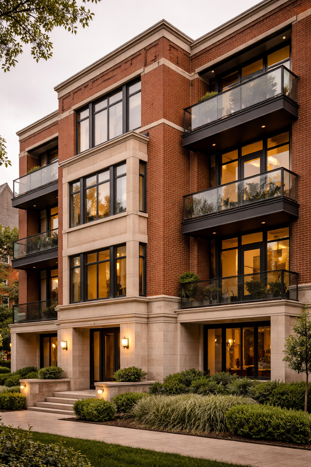 Modern three-story brick apartment building with large windows, glass balconies, and landscaped front yard lit by warm exterior lights.