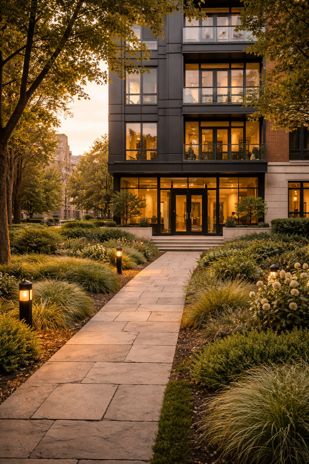 Stone walkway leading through landscaped garden with lights to the entrance of a modern building at dusk.