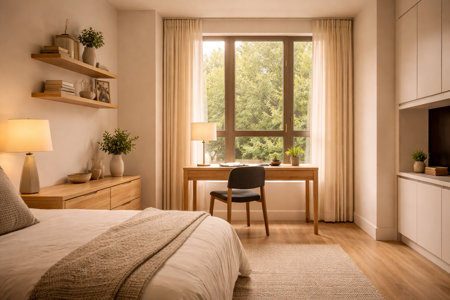 Cozy bedroom with a wooden desk and chair by a large window, bed with beige bedding, wooden shelves, and soft lighting.