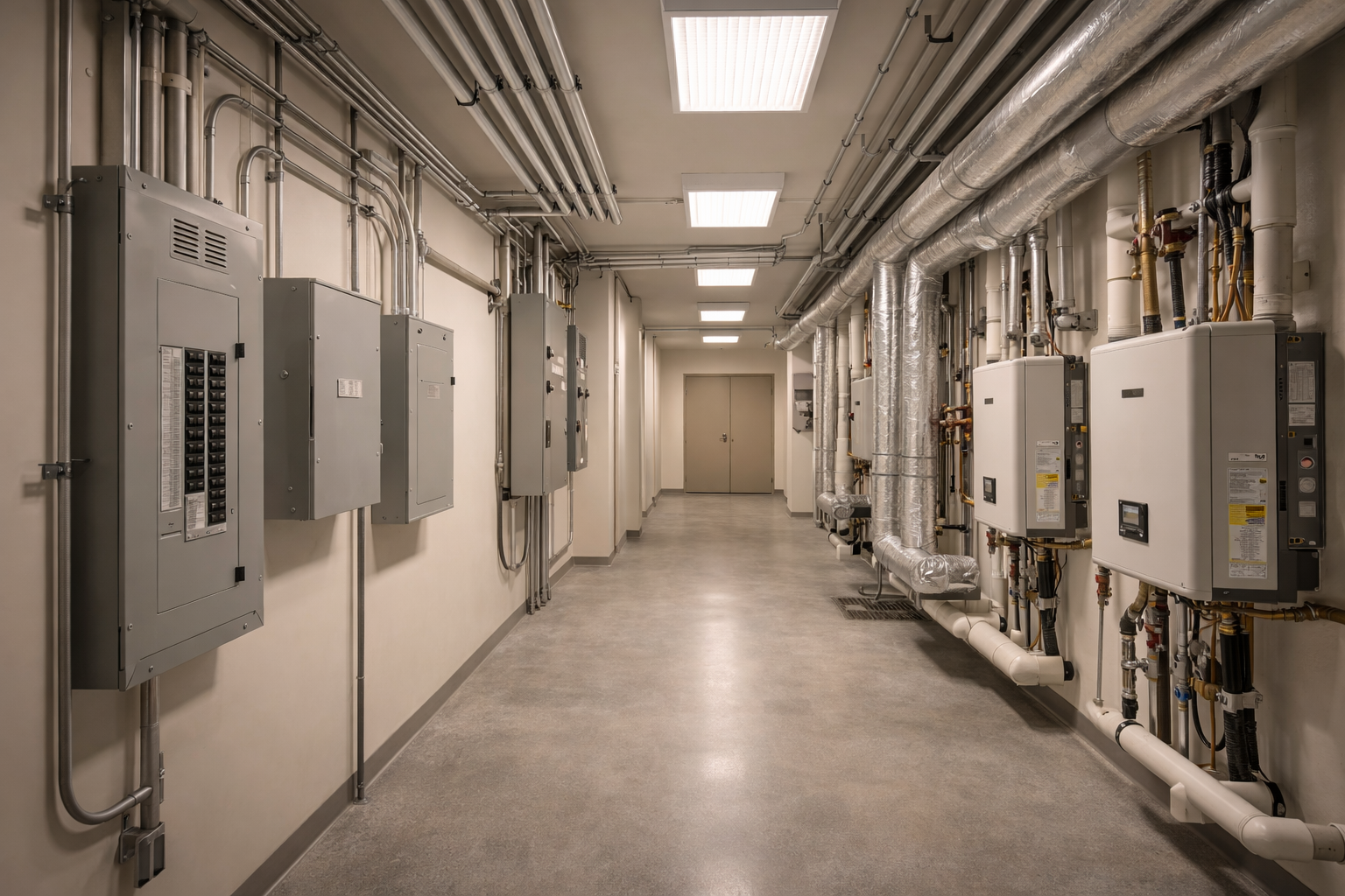 Industrial utility corridor with electrical panels and insulated pipes along the walls under bright ceiling lights.