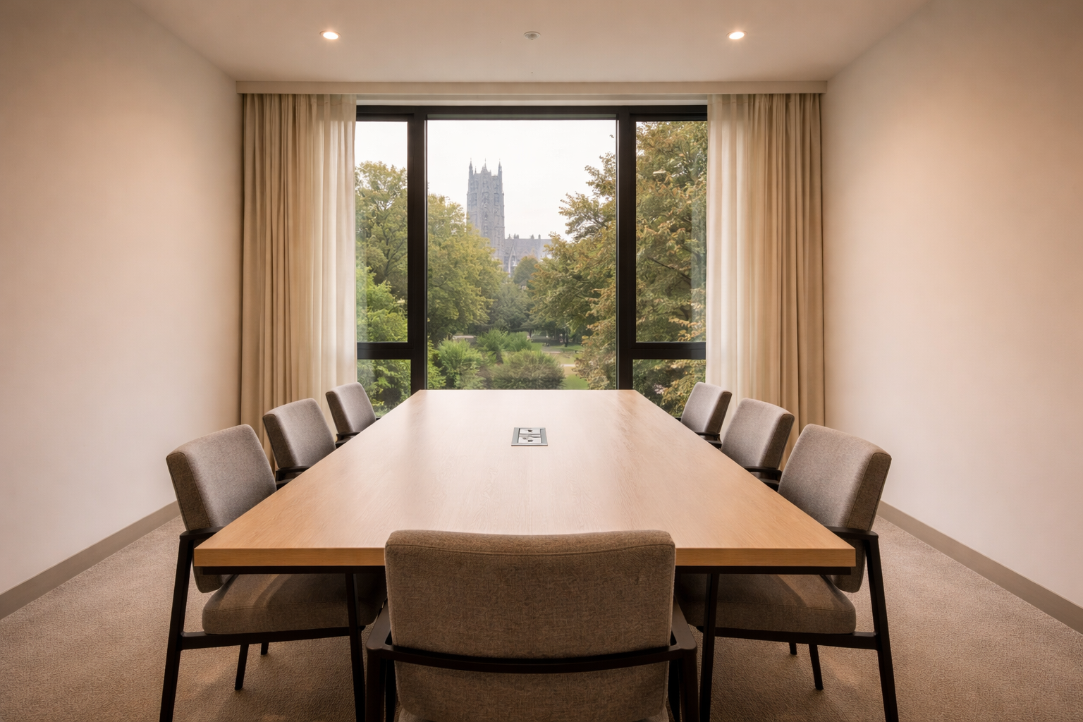Empty modern conference room with a wooden table, eight gray chairs, and a large window showing green trees and a cathedral tower outside.