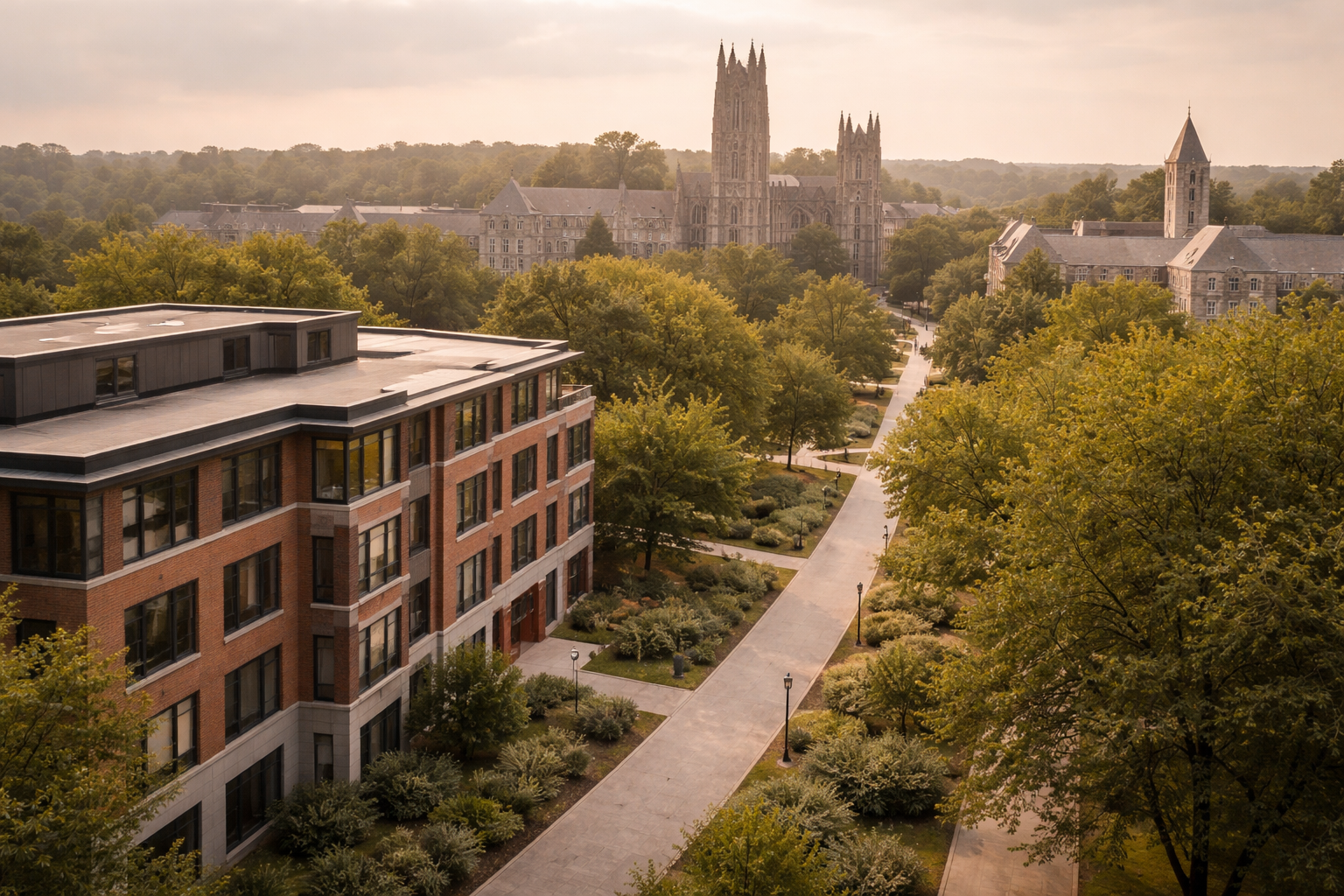 A university campus with a red brick building on the left and a path lined with trees leading to a large Gothic-style cathedral in the distance under a cloudy sky.