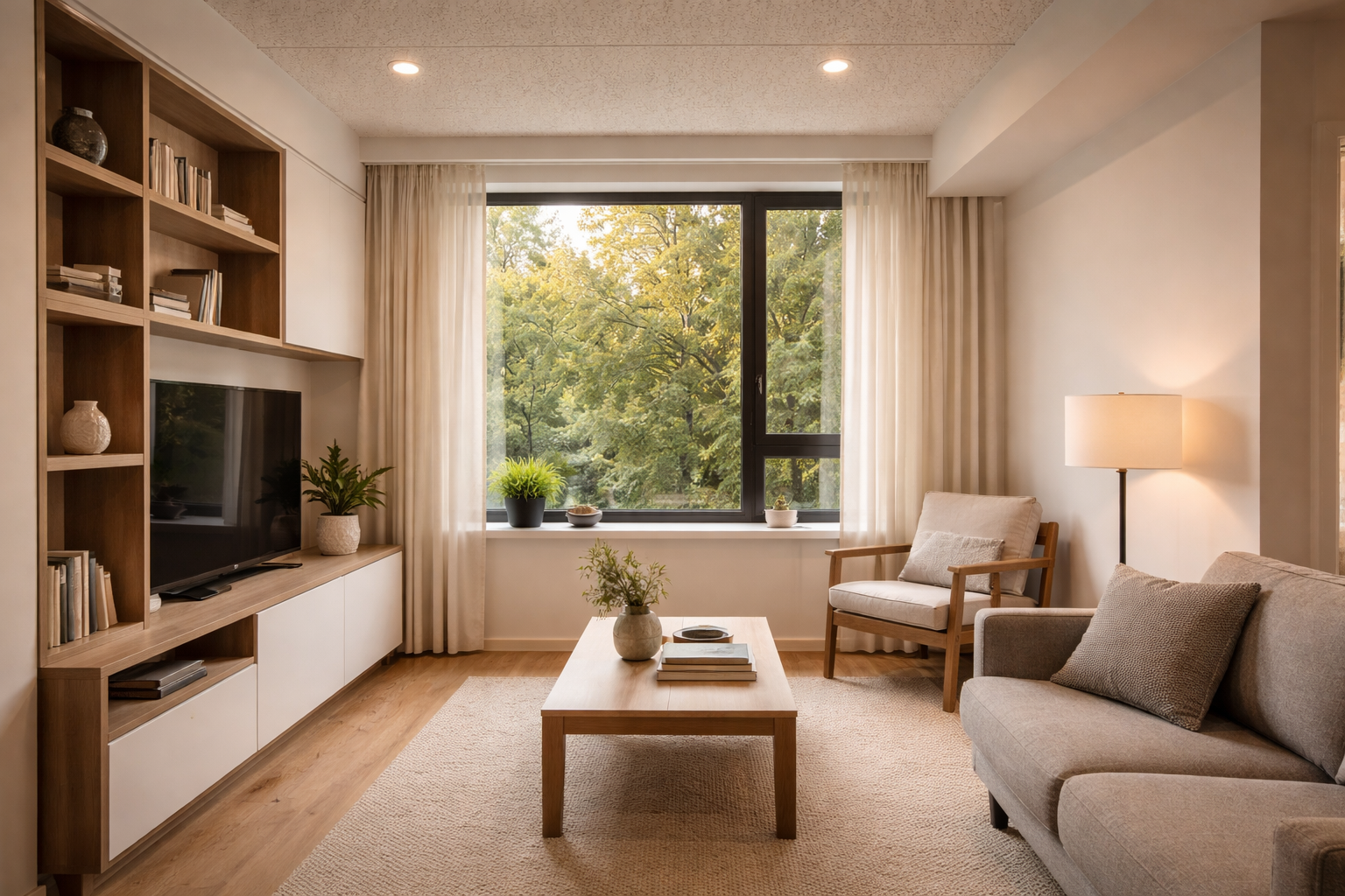 Cozy living room with beige sofa, armchair, wooden coffee table with vase and books, large window showing green trees, and built-in shelves with decor.