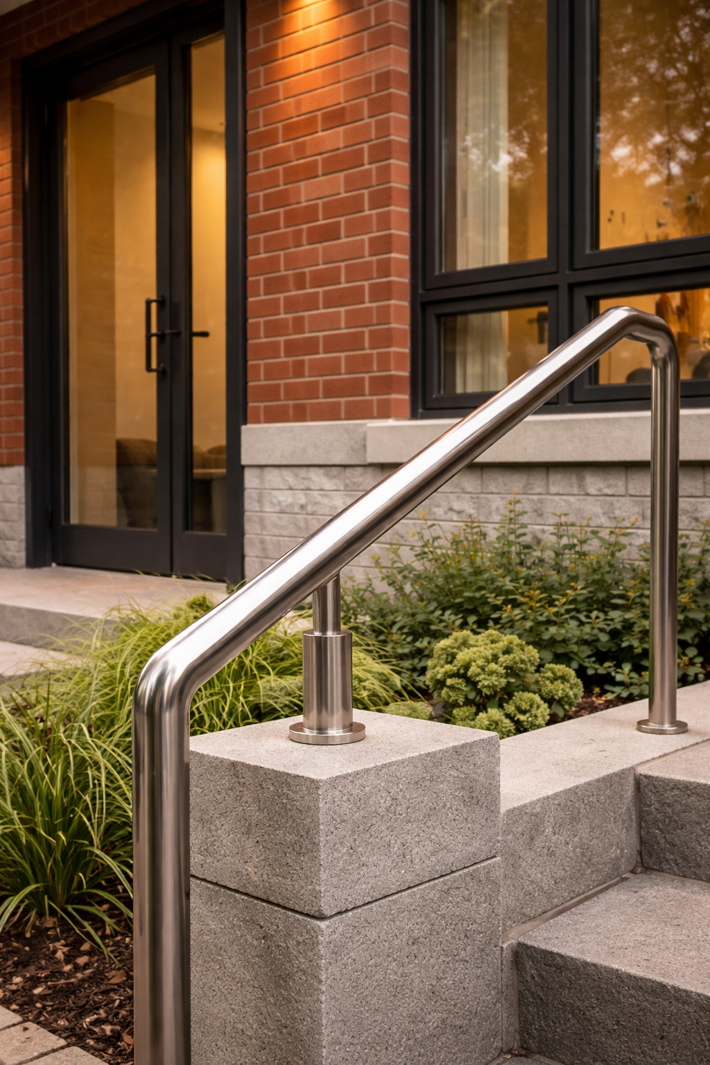 Stainless steel handrail mounted on stone blocks next to outdoor concrete steps with green plants and a brick building in the background.