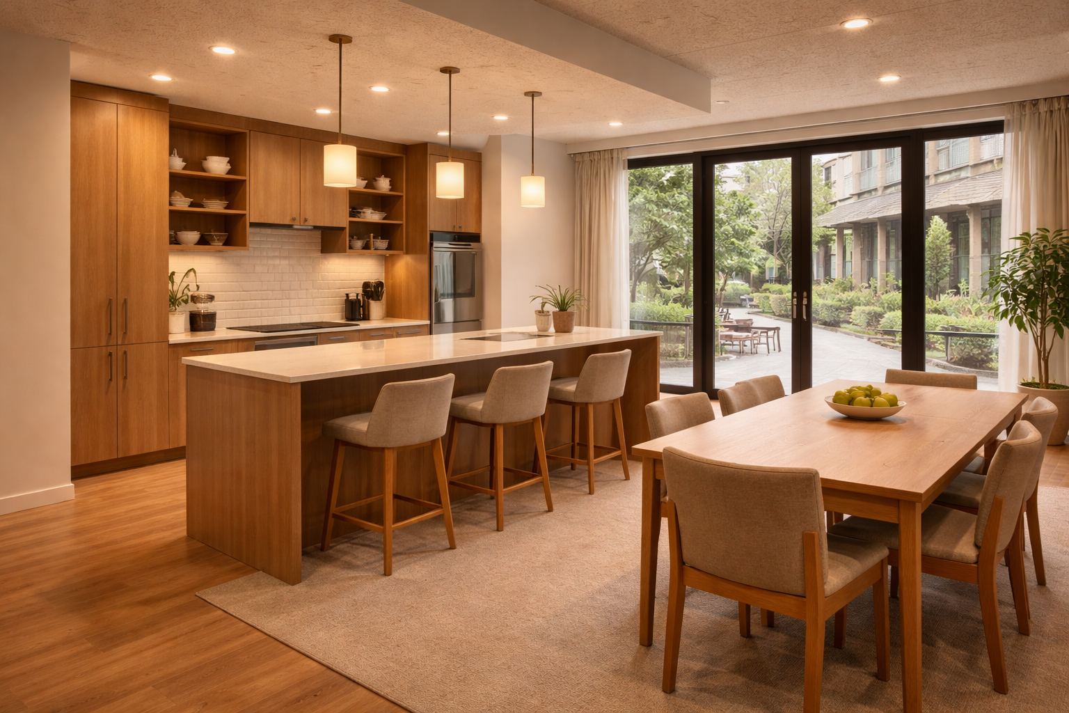 Modern kitchen and dining area with wooden cabinets, a large island with stools, dining table with chairs, and large glass doors opening to a garden patio.