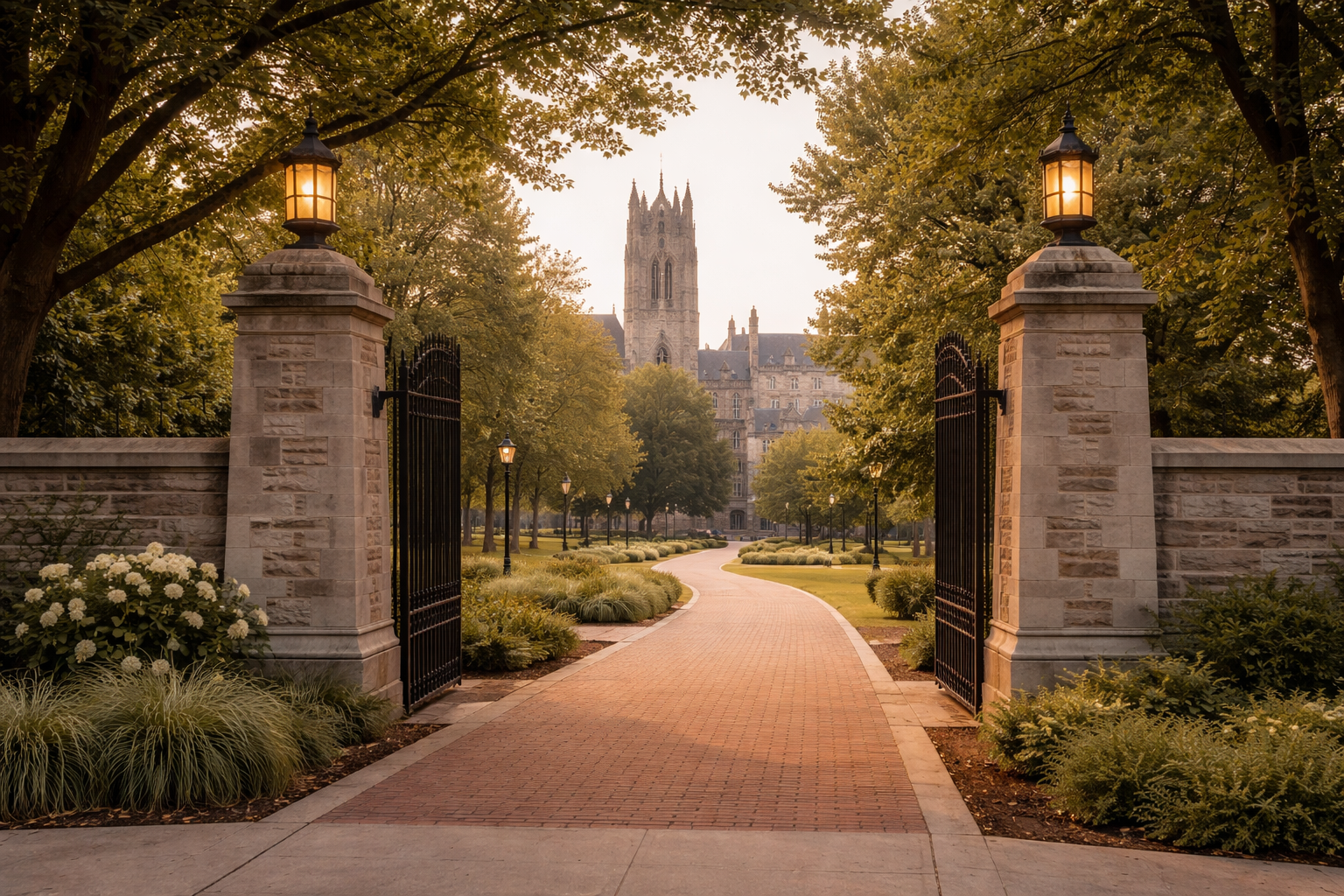 Open wrought iron gates with lanterns by a tree-lined brick pathway leading to a historic stone tower building.