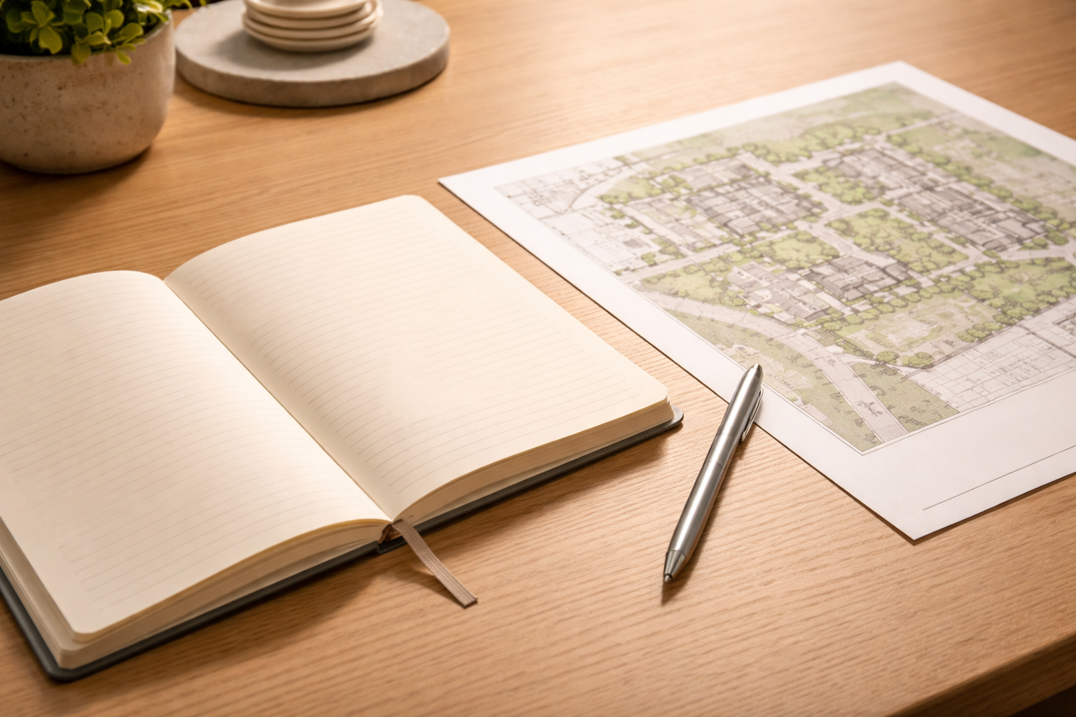 Open blank lined notebook, silver pen, and architectural plan on a wooden desk.
