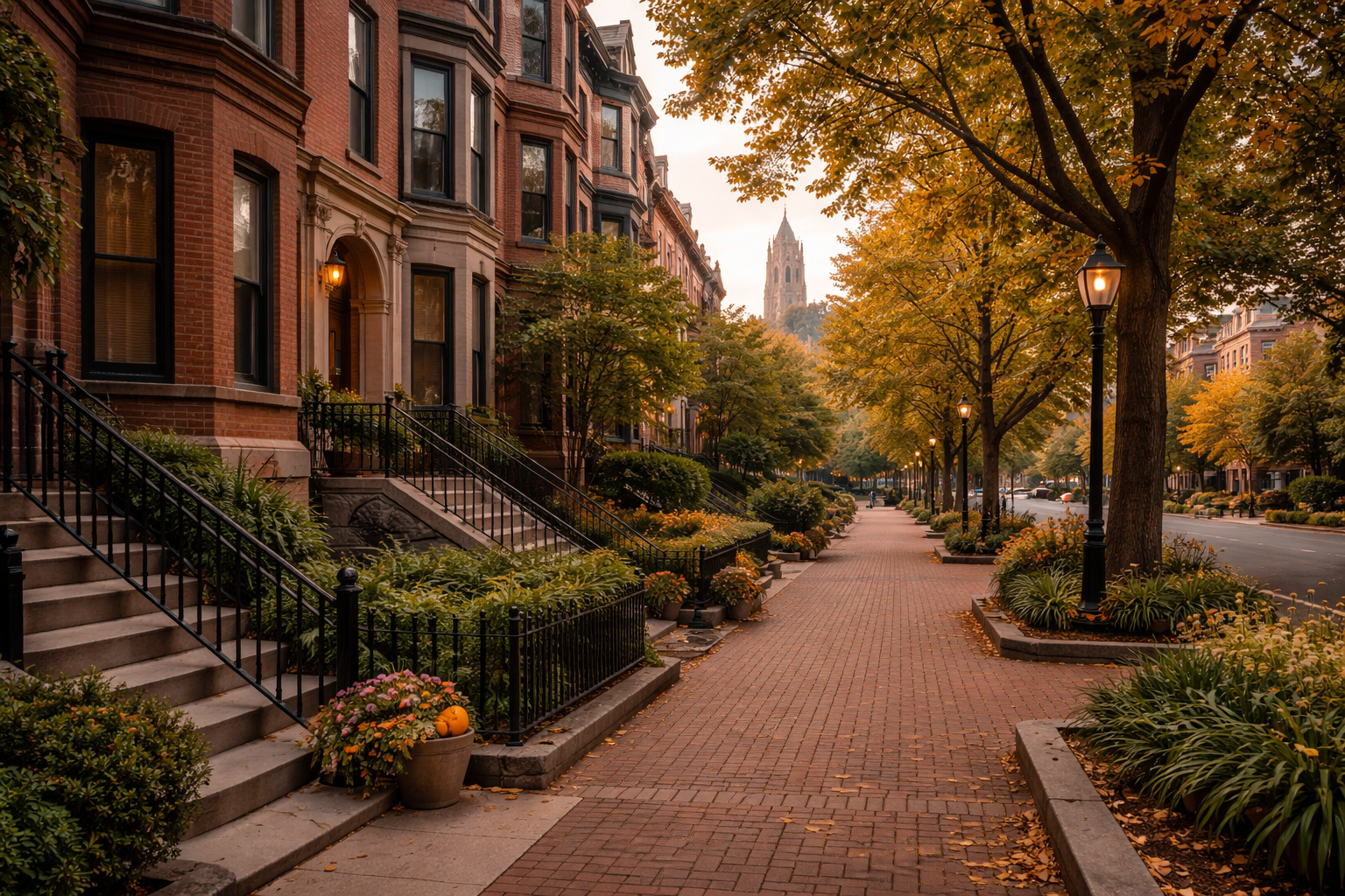 Tree-lined brick sidewalk with autumn foliage, street lamps, and historic brick brownstone buildings in Boston.