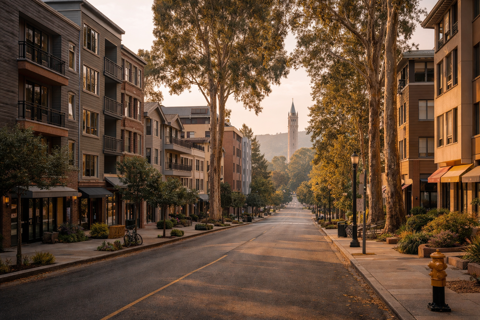 Sunlit street lined with modern apartment buildings and trees, with a tall clock tower visible in the distance under a hazy sky.