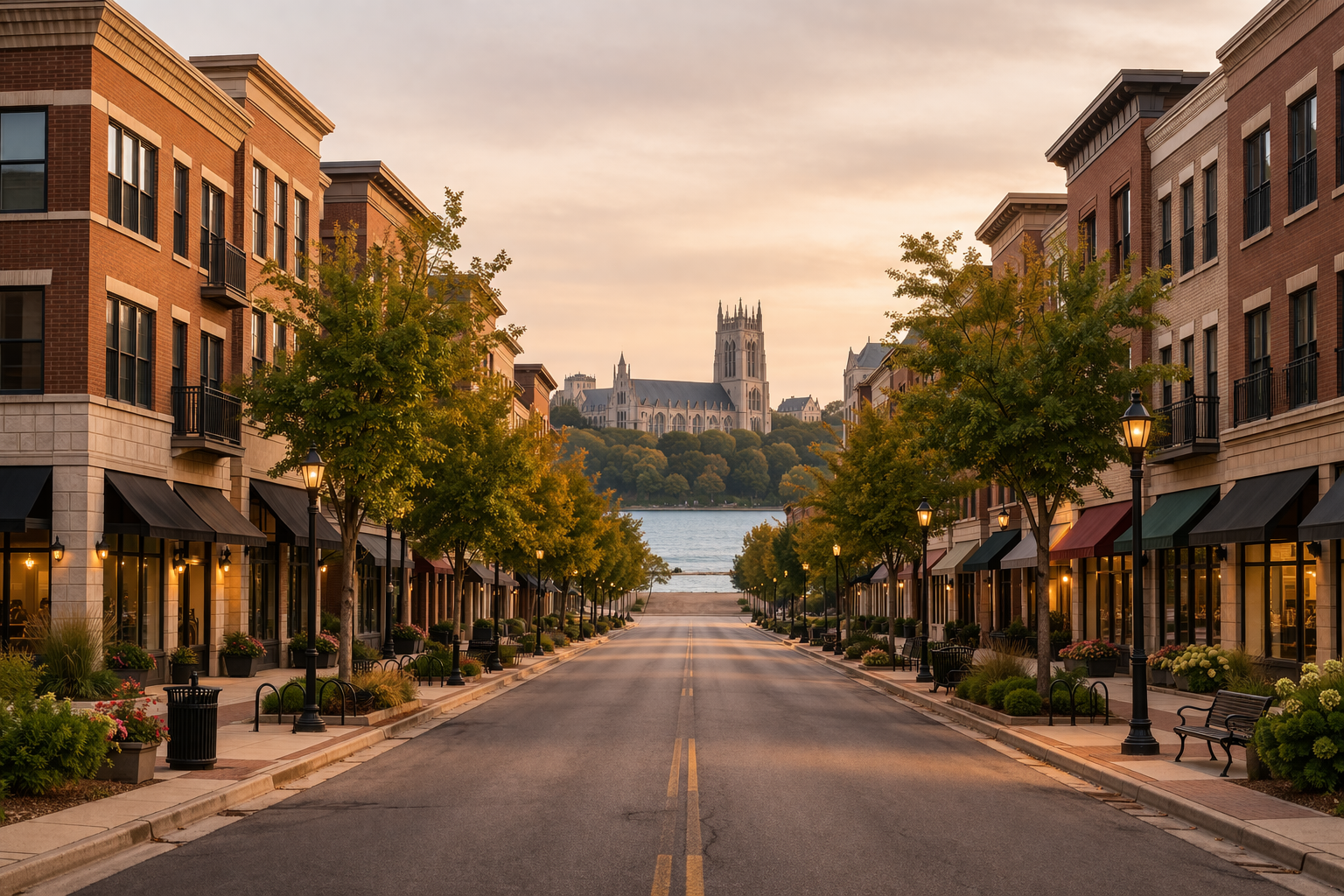 Empty street lined with brick buildings, trees, and lamp posts leading to a large Gothic-style church near a body of water at sunset.