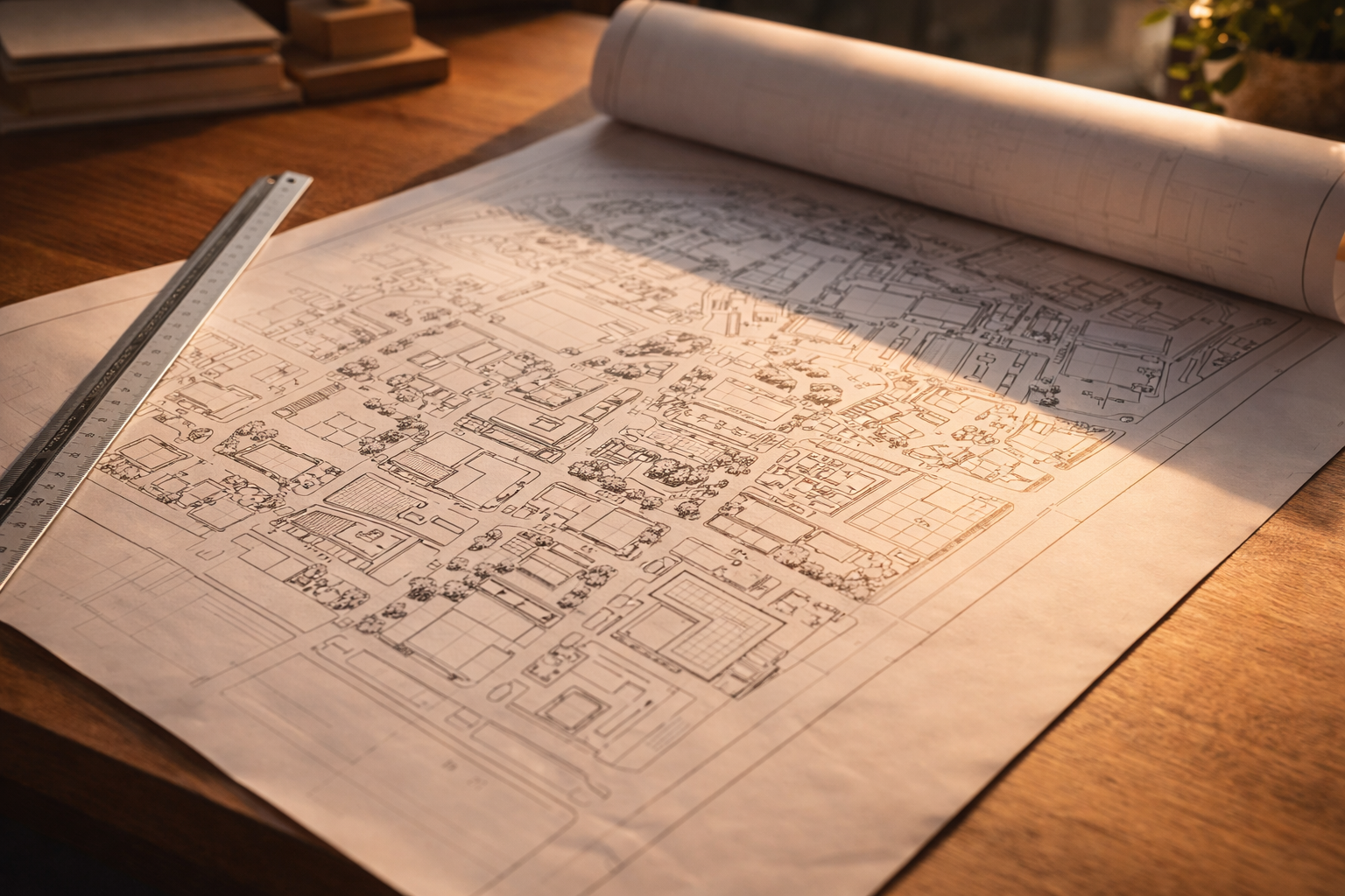 Rolled architectural blueprint with a detailed site plan and a metal ruler on a wooden surface under warm light.