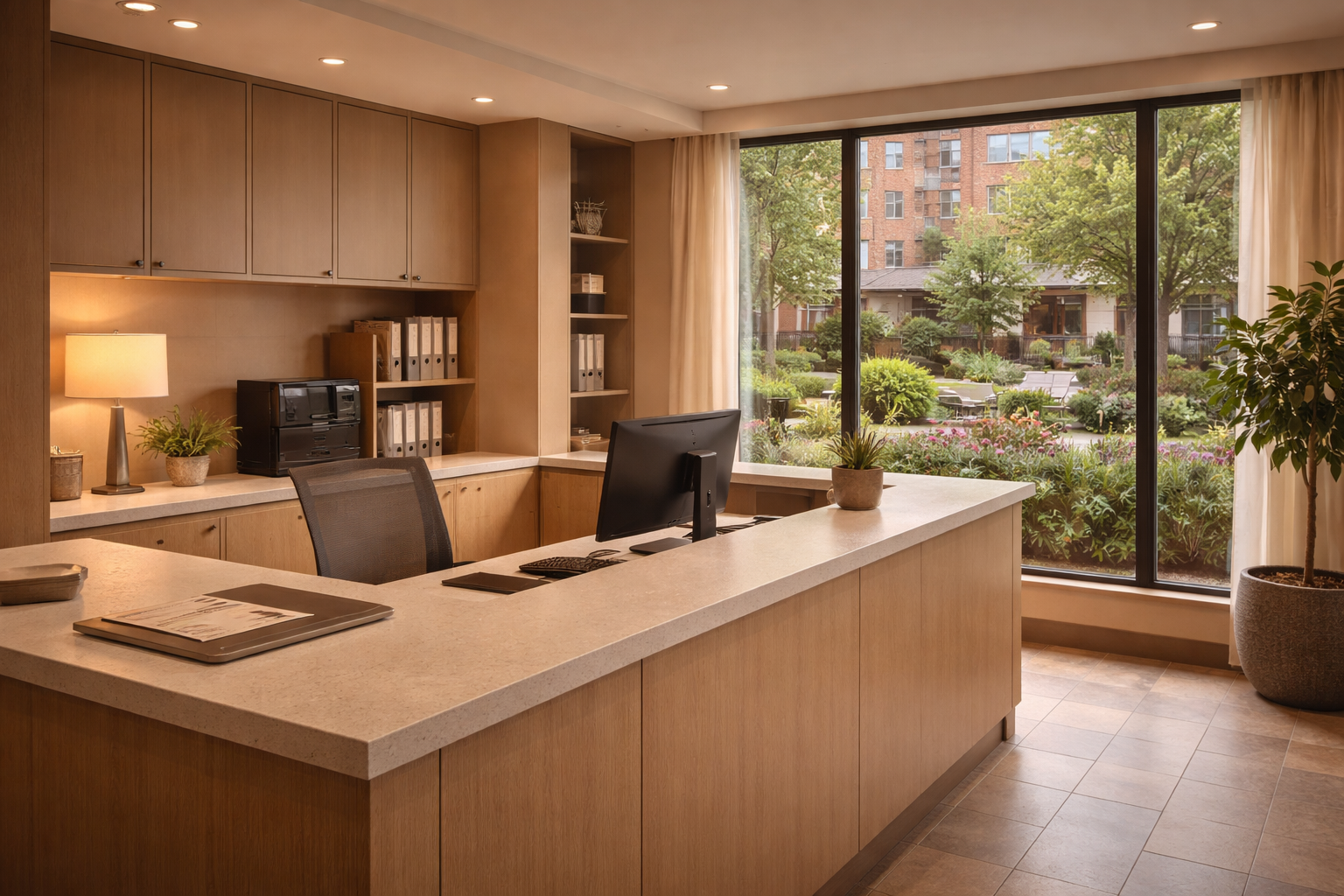 Modern office reception desk with computer, lamp, potted plants, file organizers, and large window showing a garden outside.
