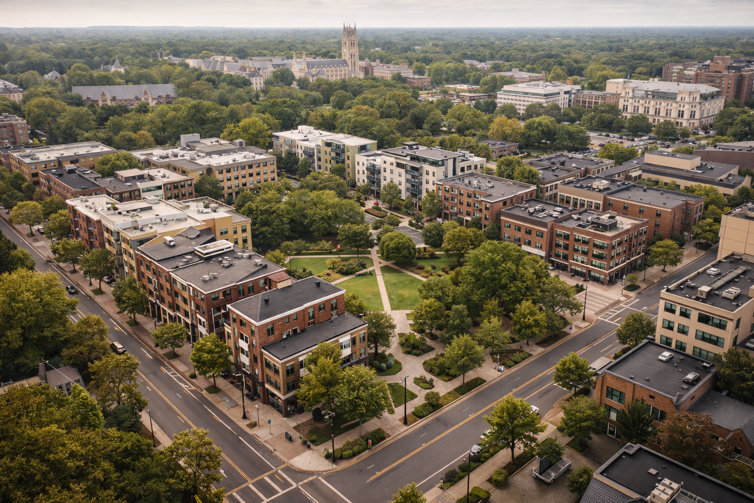 Aerial view of a university campus area with green spaces, modern brick buildings, tree-lined streets, and a prominent cathedral tower in the background.