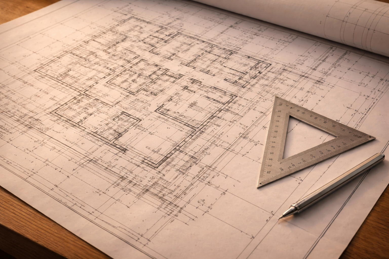 Architectural blueprint of a building floor plan with a metal triangle ruler and mechanical pencil on a wooden surface.