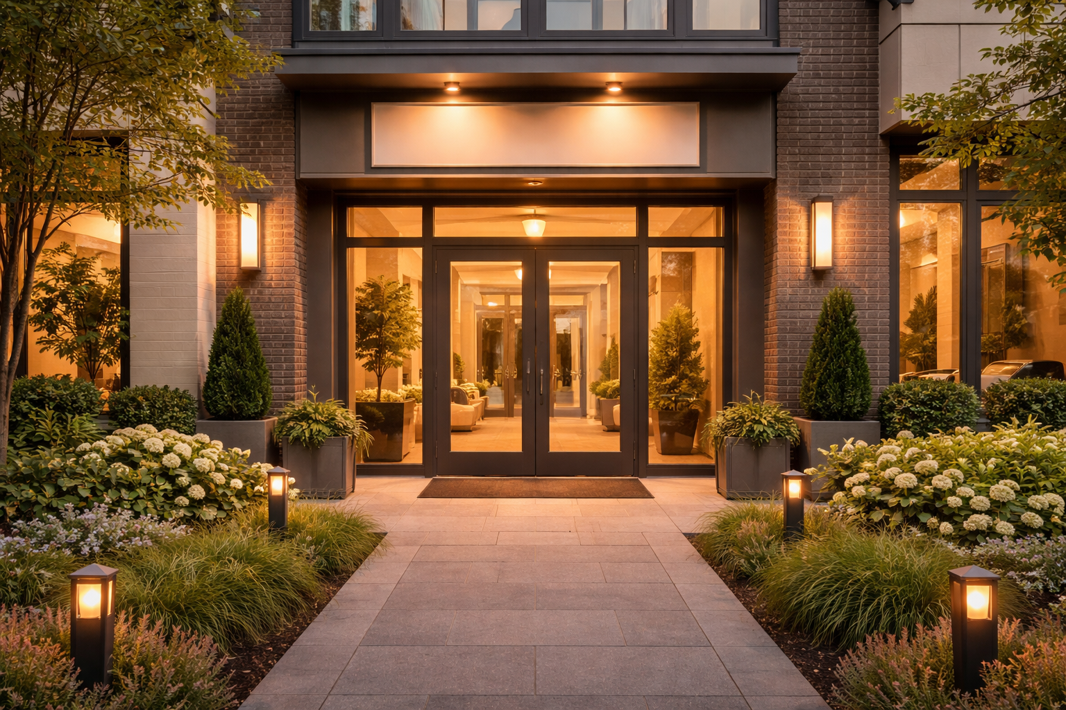 Entrance to a modern building with double glass doors, surrounded by potted plants and illuminated walkway lights.