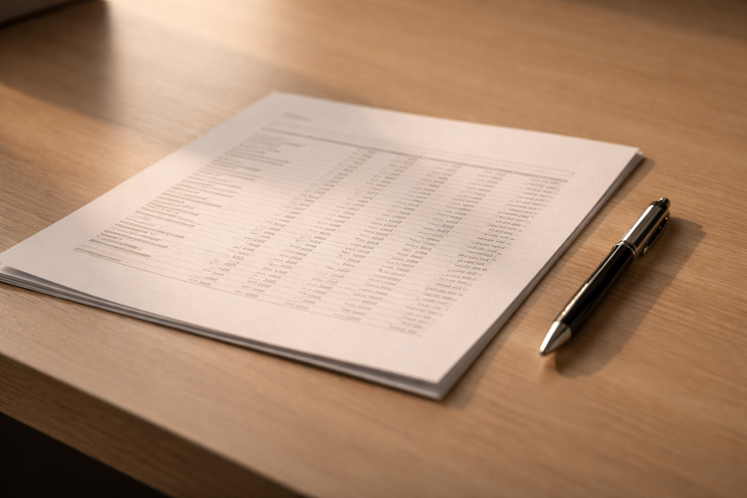 Stack of printed financial documents with tables and a black and silver pen on a wooden desk under soft lighting.