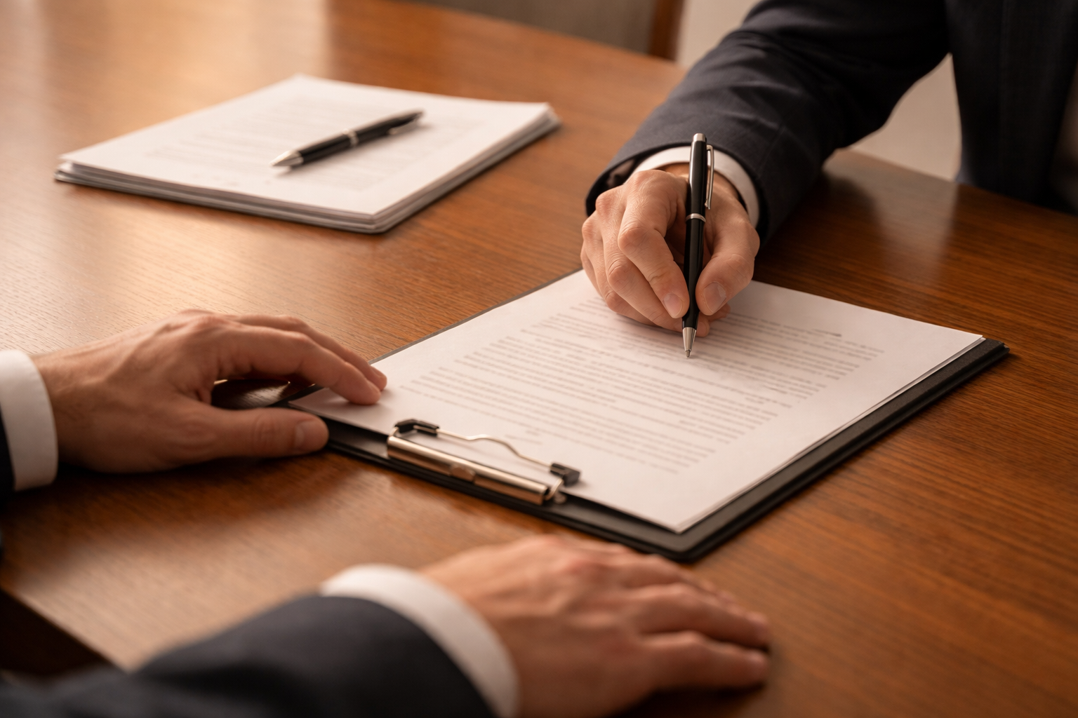 Close-up of two people in business attire reviewing and signing documents on a wooden table.