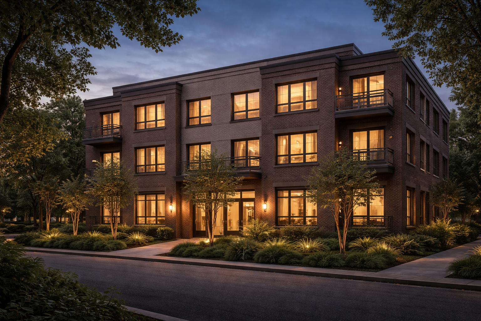 Three-story brick apartment building at dusk with warm interior lights and landscaped greenery.