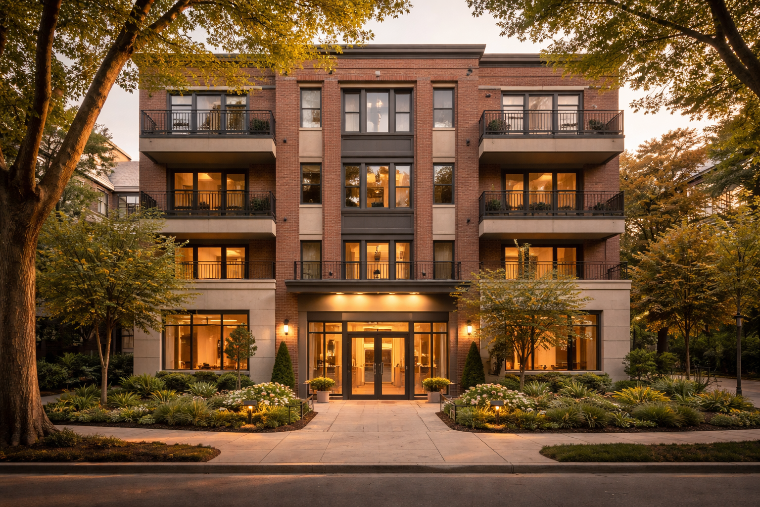 Elegant four-story brick apartment building with balconies and warmly lit entrance at dusk, surrounded by landscaped greenery and trees.