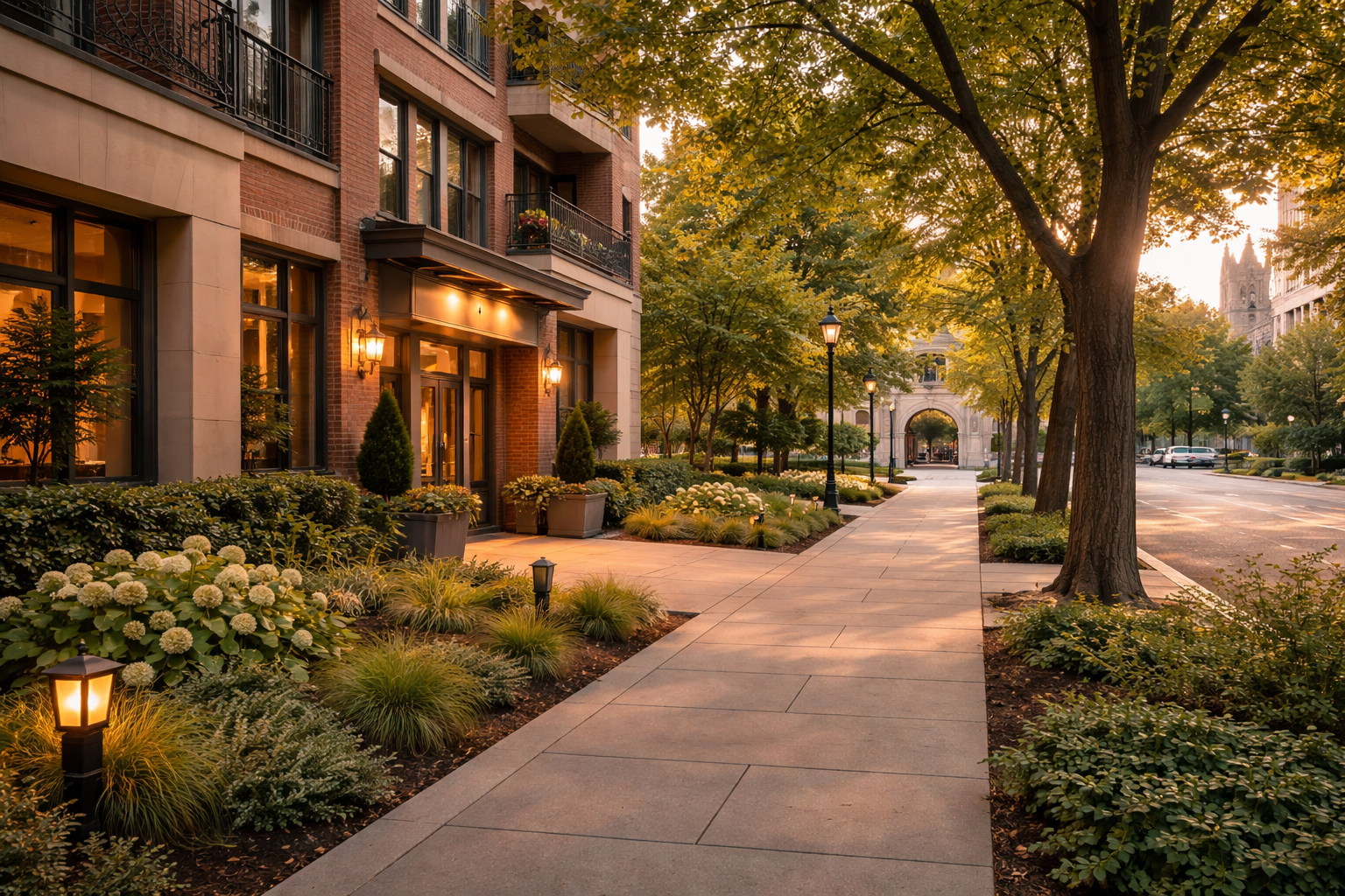 Sidewalk lined with trees and street lamps next to a brick building with illuminated entrance at sunset.