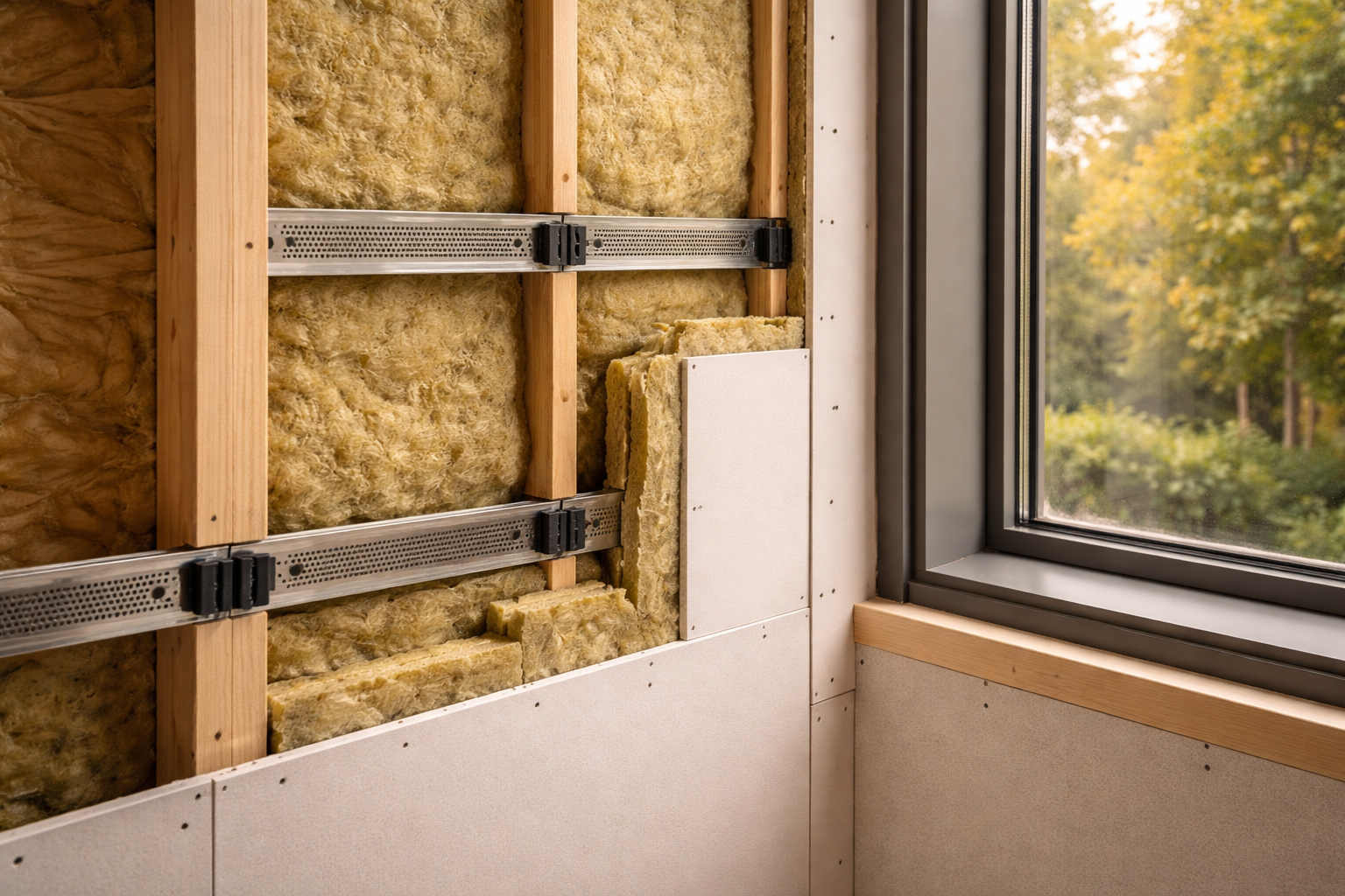 Partially finished interior wall with exposed yellow fiberglass insulation near a window showing an outdoor view with trees.