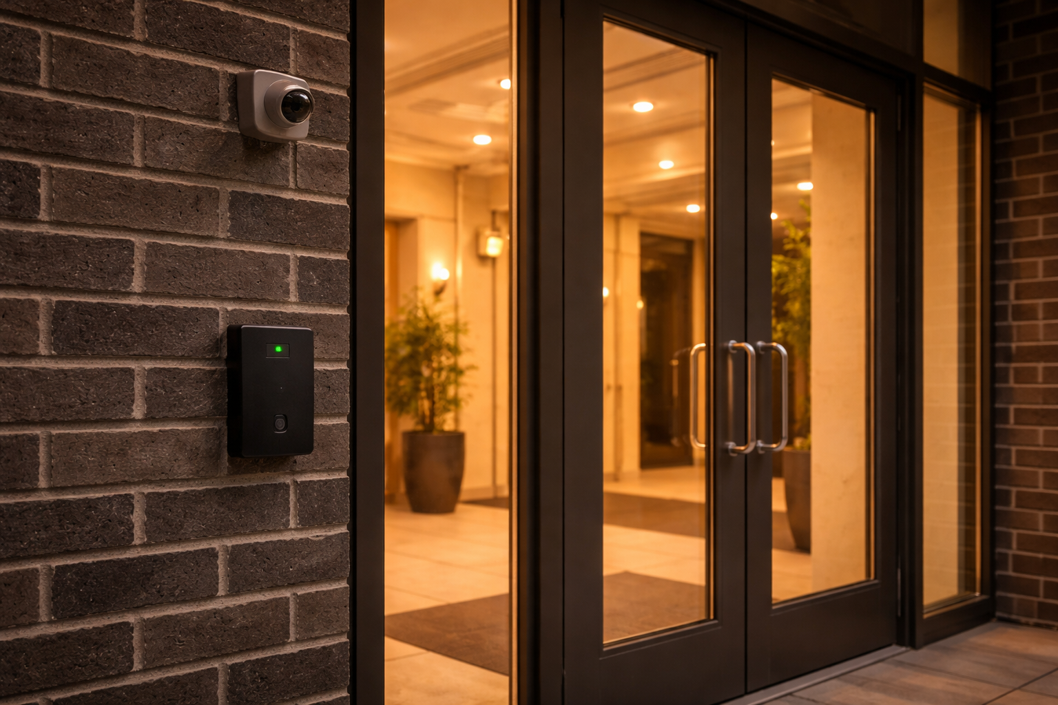 Secure glass entrance doors with a brick wall featuring a security camera and an access control keypad.