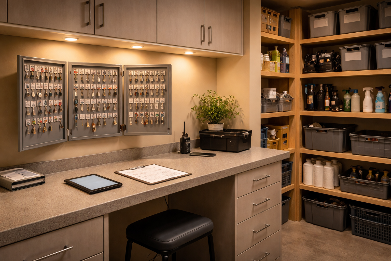 Organized maintenance room with key storage boards, a workbench with a tablet and clipboard, shelves holding cleaning supplies and containers.