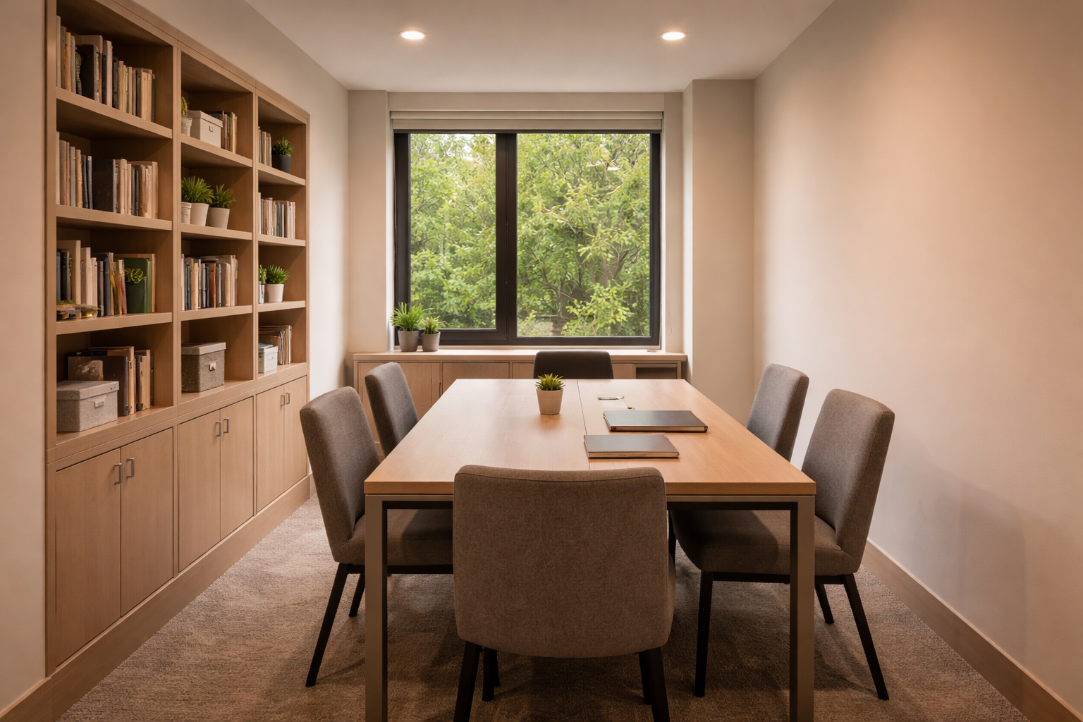 Modern study room with wooden table, six upholstered chairs, bookshelves, and window overlooking green trees.