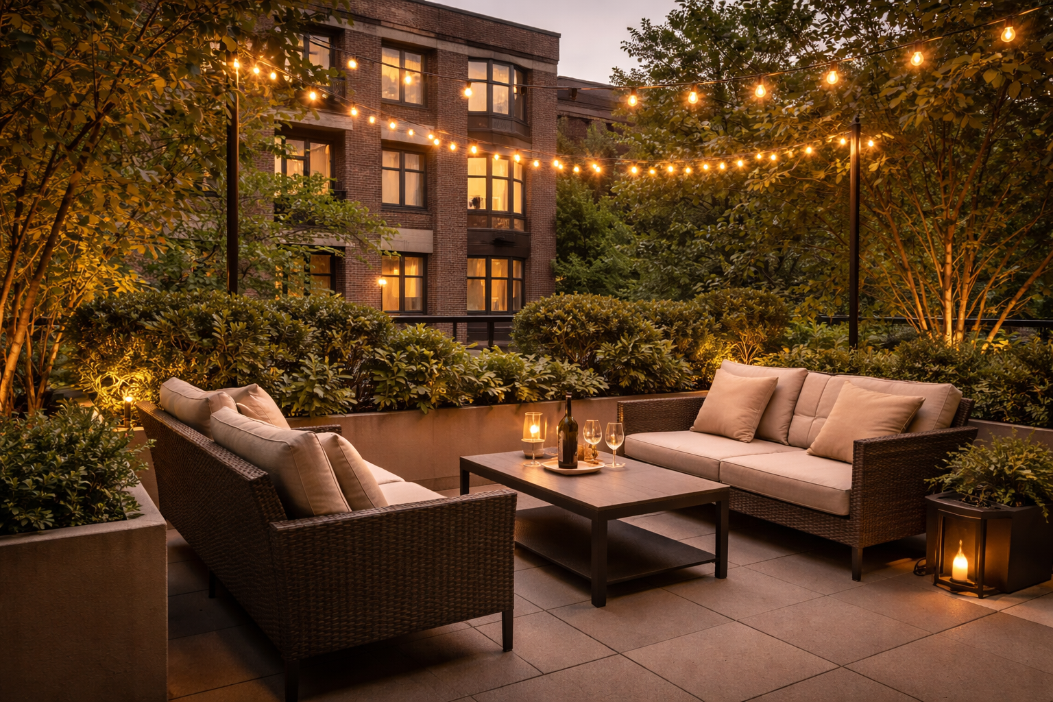 Cozy outdoor patio seating area with two cushioned wicker sofas, a coffee table with wine glasses and a bottle, surrounded by lush greenery and string lights at dusk.