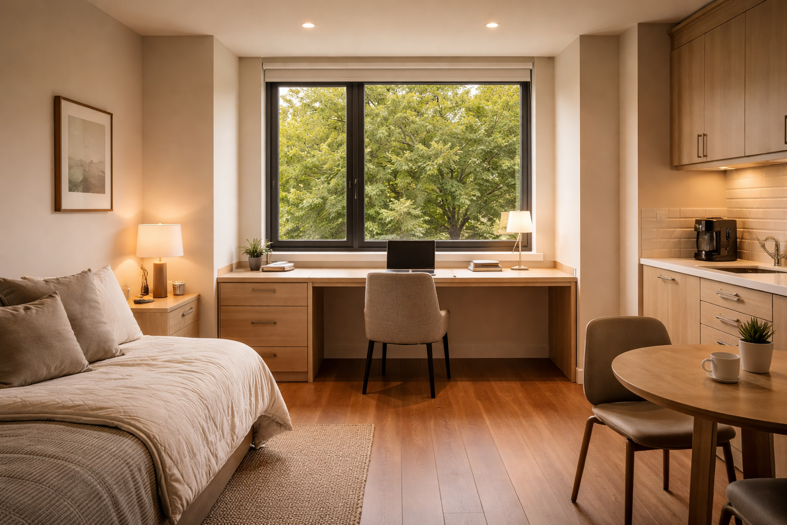 Cozy studio apartment with a bed, wooden desk facing a large window with a green tree outside, and a small kitchen with dining table and chairs.