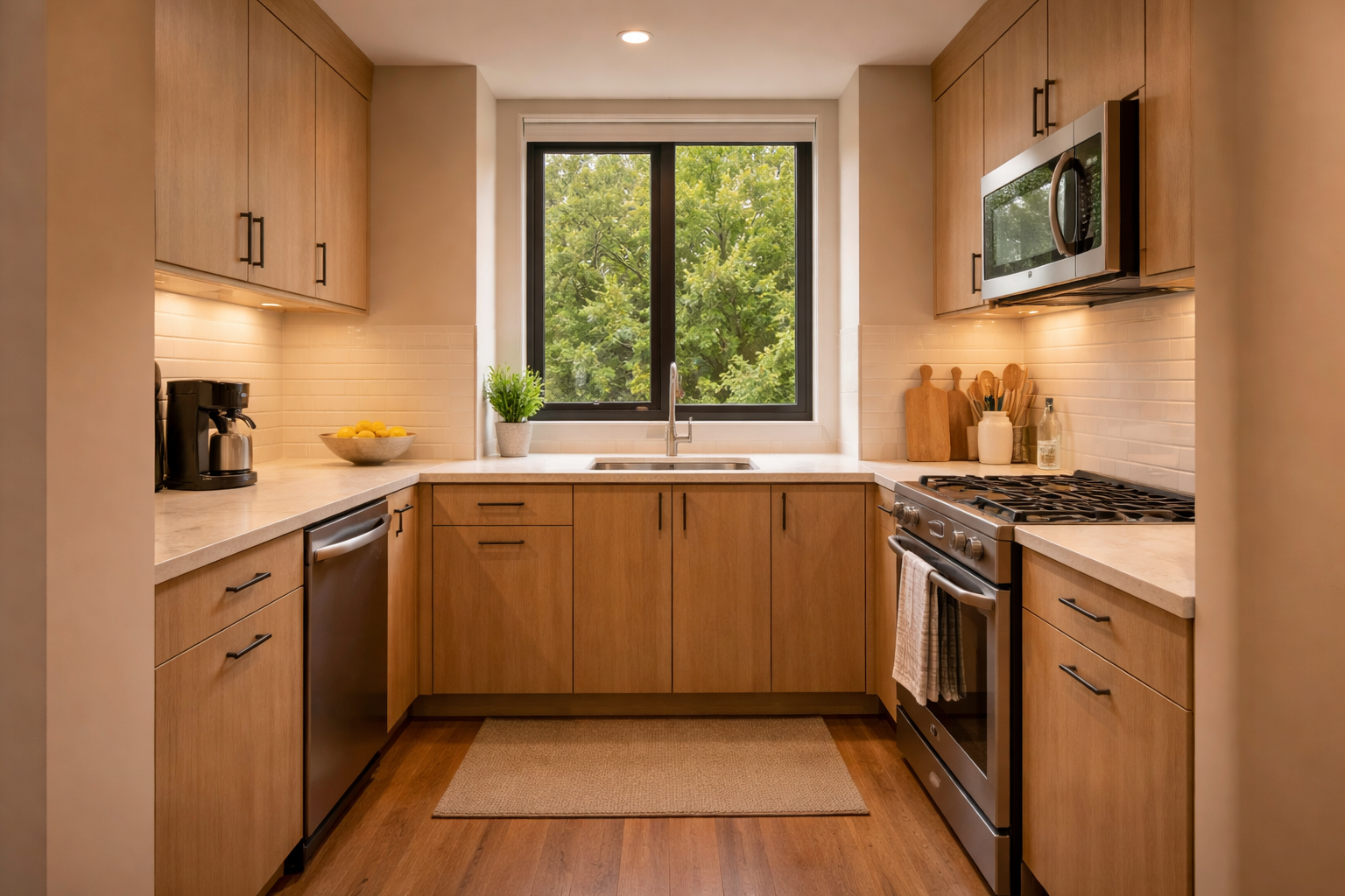Modern kitchen with light wood cabinets, stainless steel appliances, a window with green trees outside, and a beige rug on hardwood floor.
