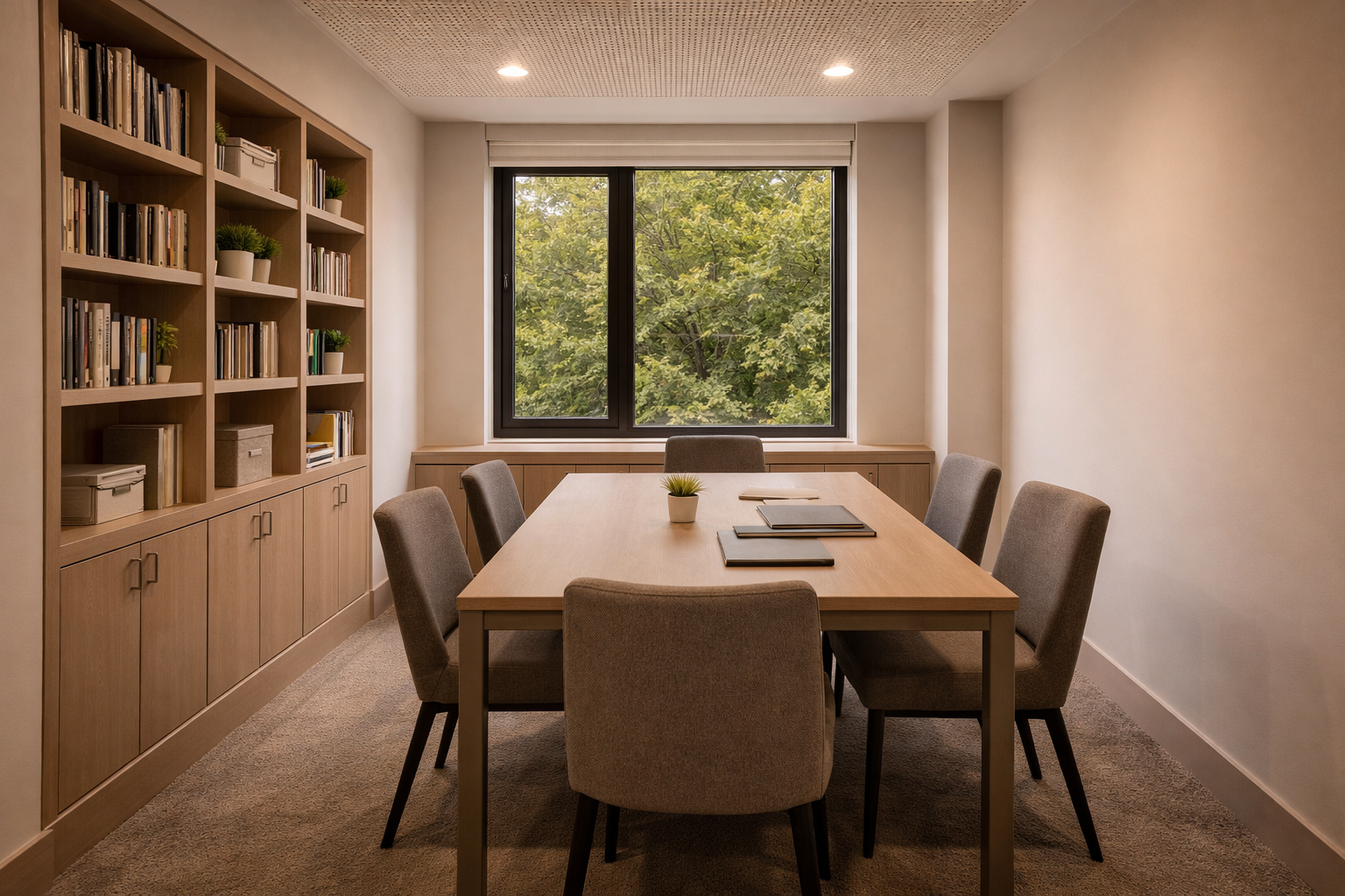 Modern meeting room with a wooden table, six upholstered chairs, built-in bookshelves with books and plants, and a window showing green trees outside.