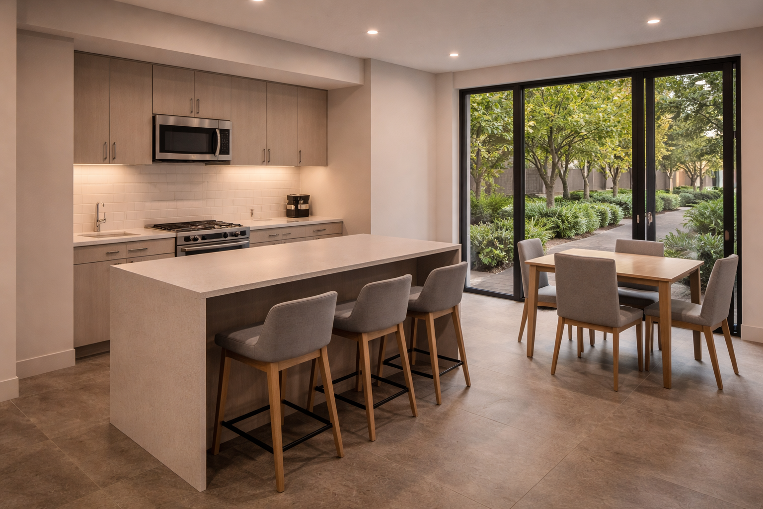 Modern kitchen with beige cabinets, island with three gray stools, and dining table with four chairs beside large windows overlooking a green garden.