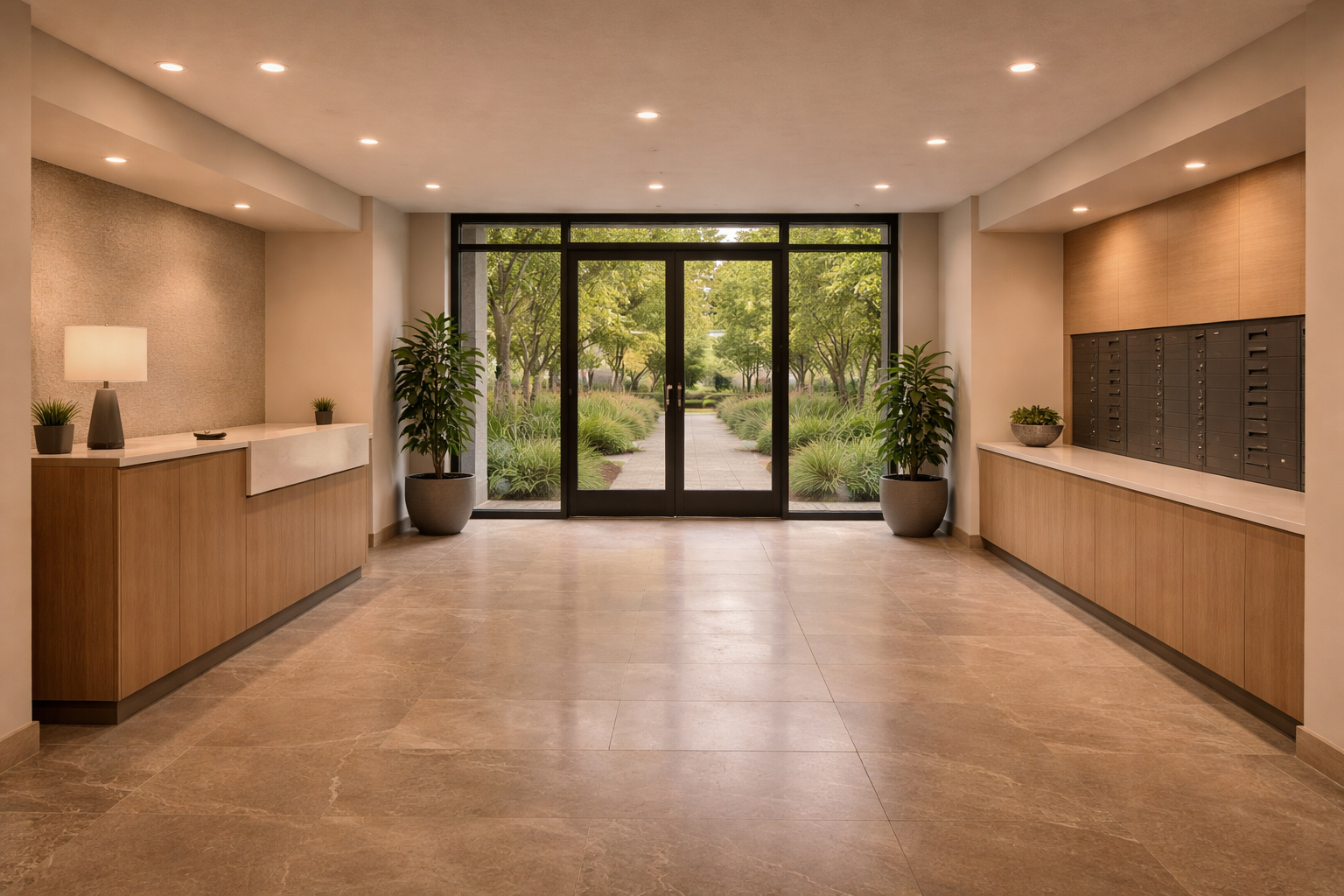 Modern apartment lobby with wood-paneled mailboxes, a reception desk, potted plants, and glass doors opening to a landscaped pathway.