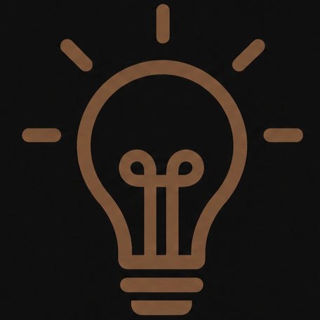 Simple brown line drawing of a light bulb glowing on black background.