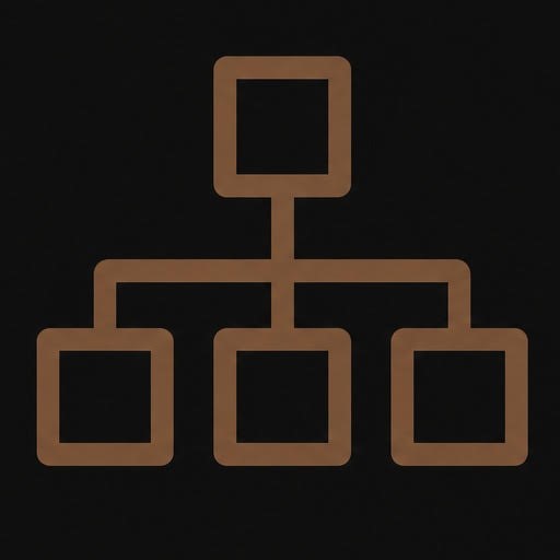 Simple brown organizational chart icon with one top square connected to three squares below on black.