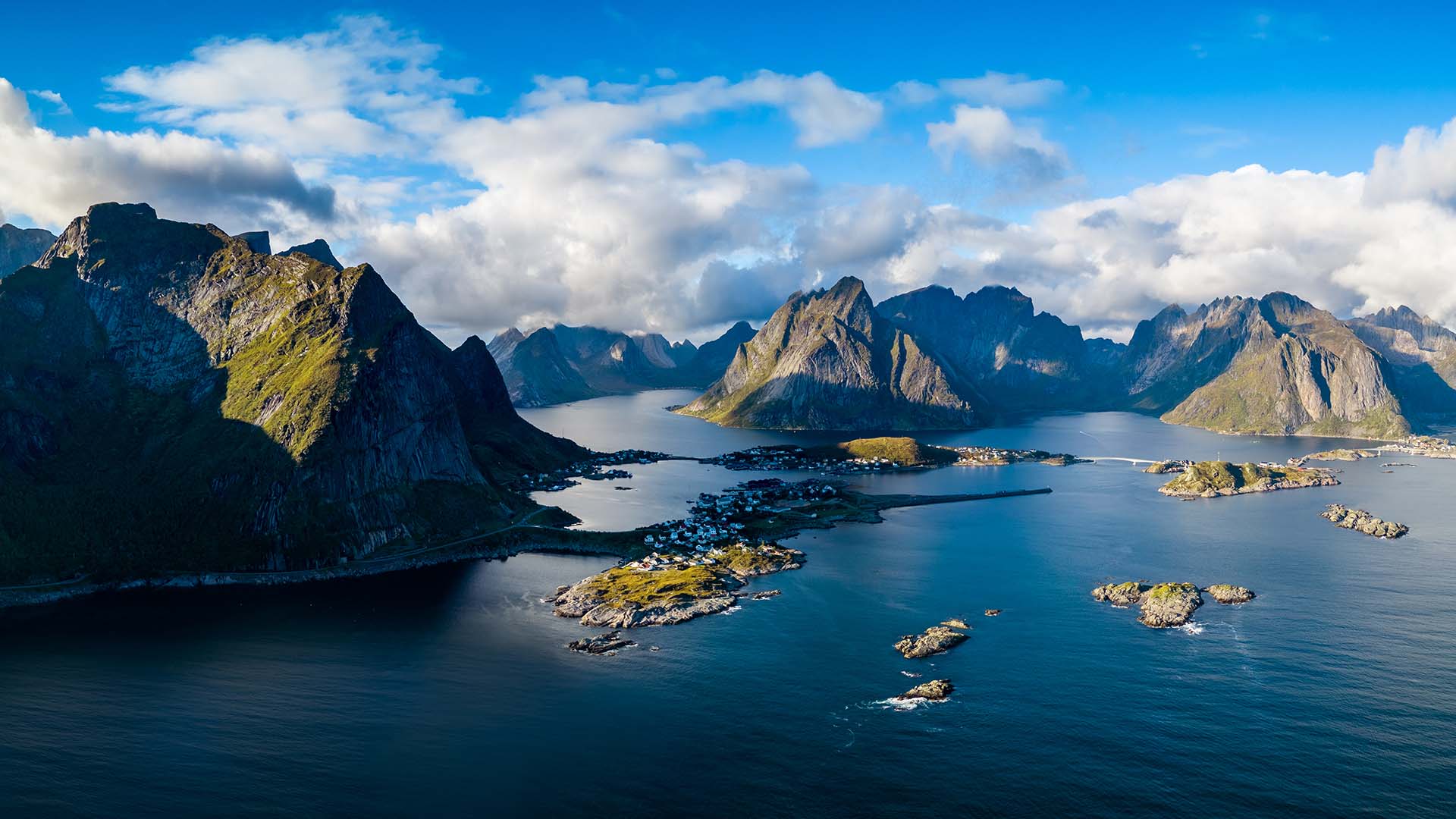 An archipelago of mountainous islands in the sea.