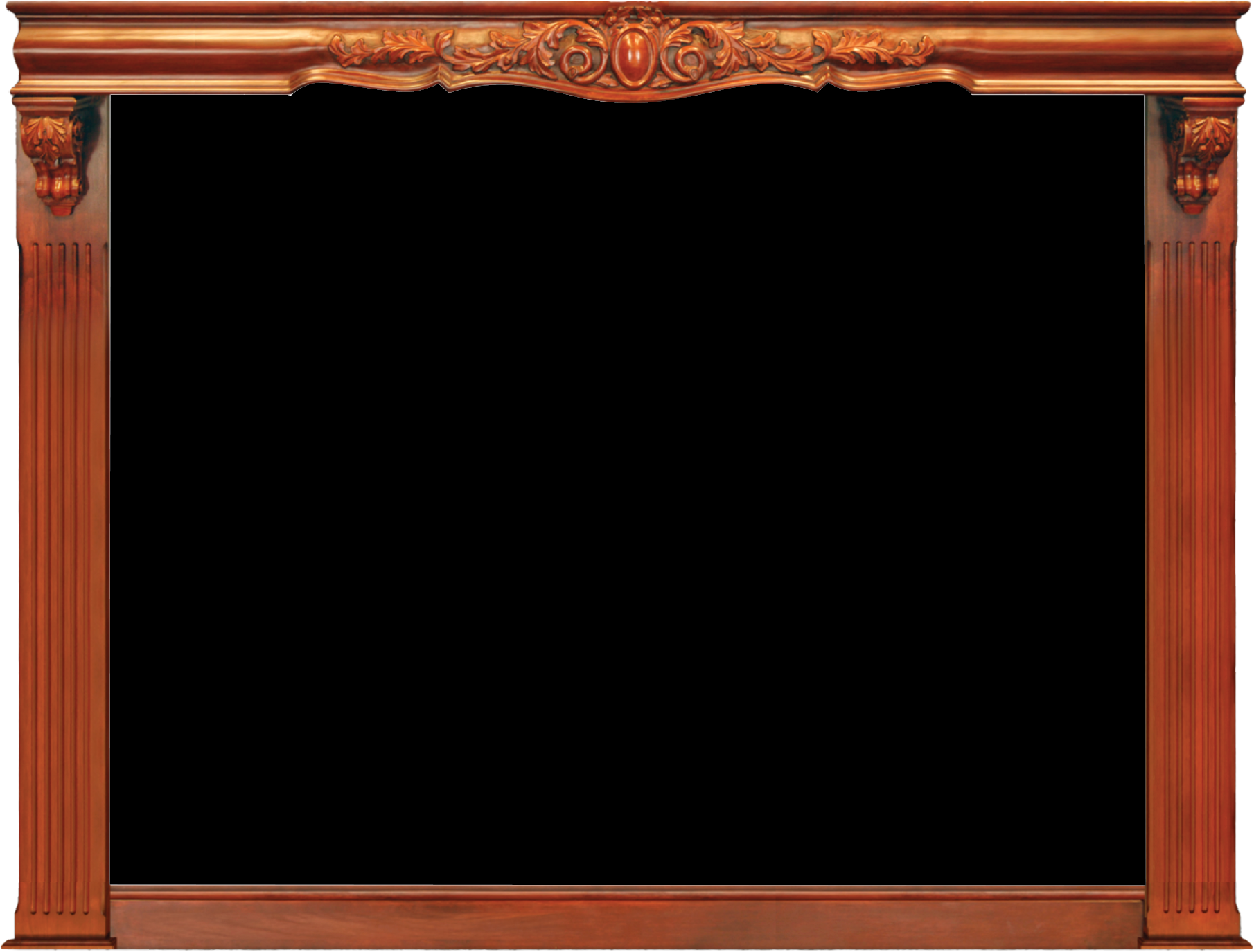 Ornate wooden mantelpiece with carved floral and leaf patterns on the top center and decorative accents on the columns.