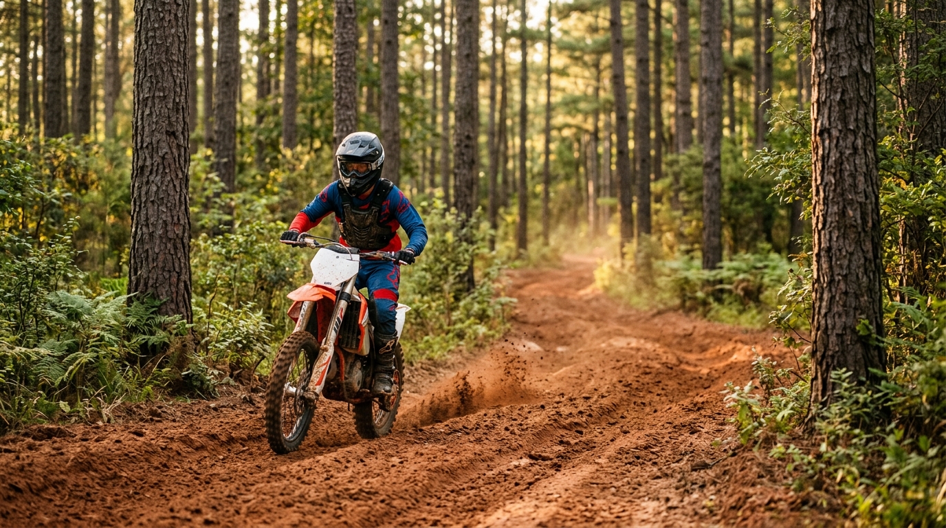 Dirt bike rider in full gear on a red clay trail through Alabama pine woods