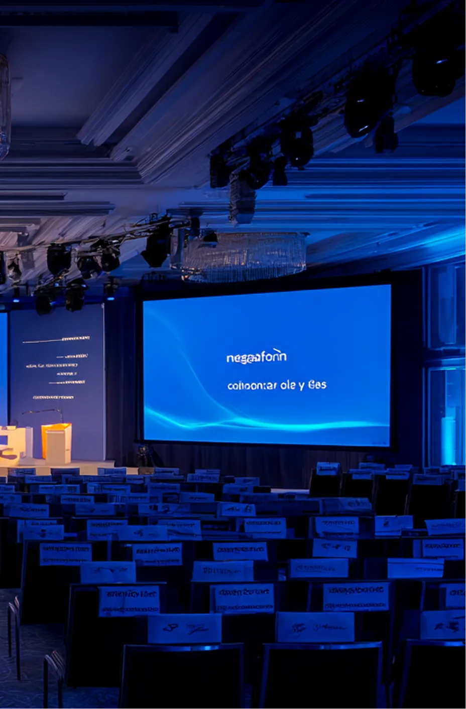 an elegant and spacious conference hall with blue lights