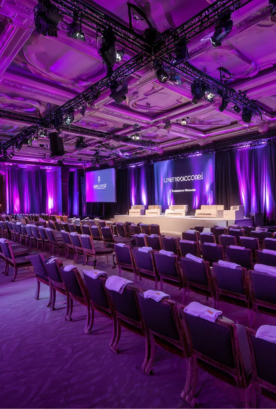 An elegant and spacious conference hall with purple lighting.