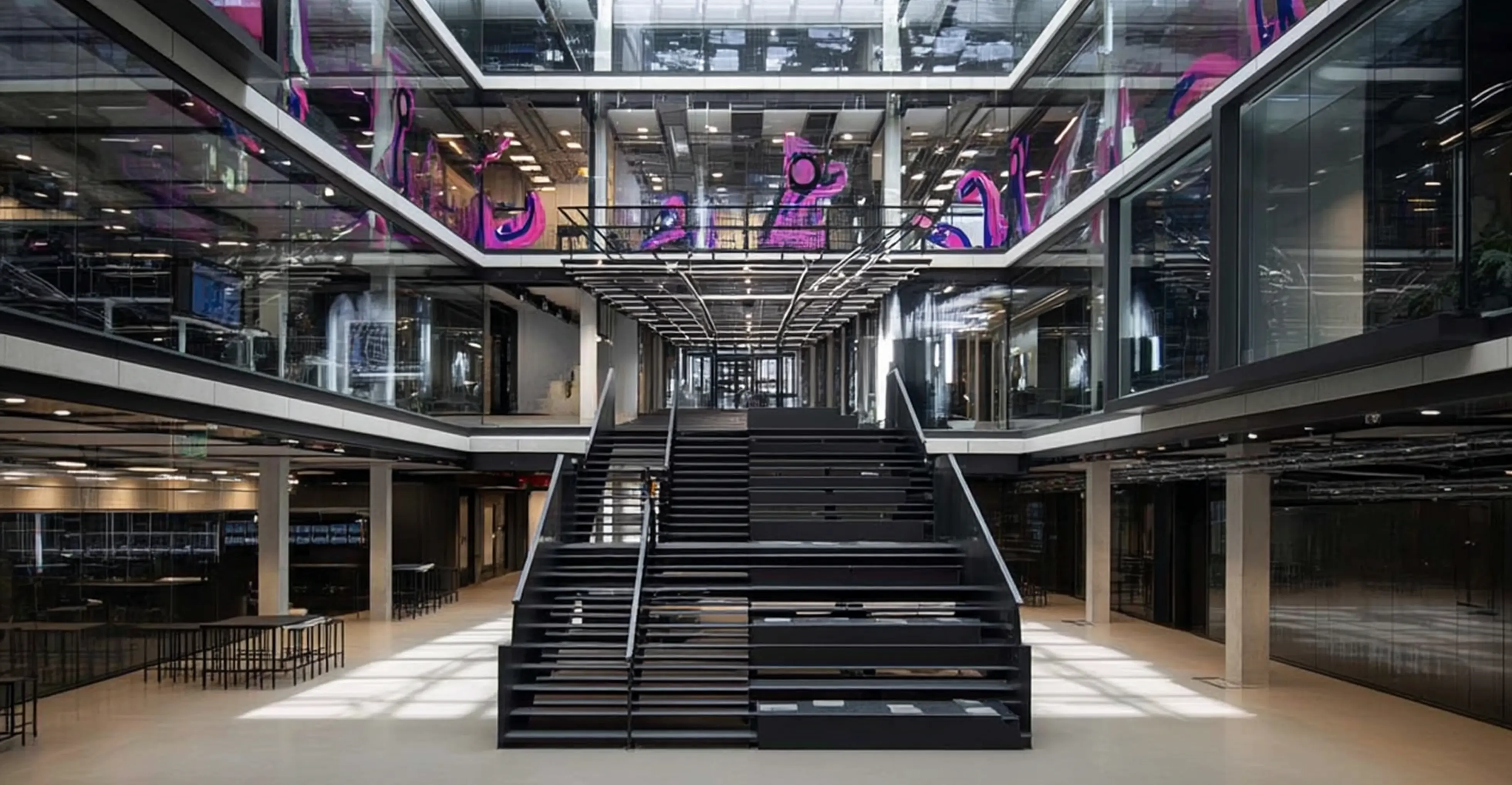 Modern, spacious atrium with large black staircase in the center, surrounded by glass-paneled offices and purple decorative wall art.