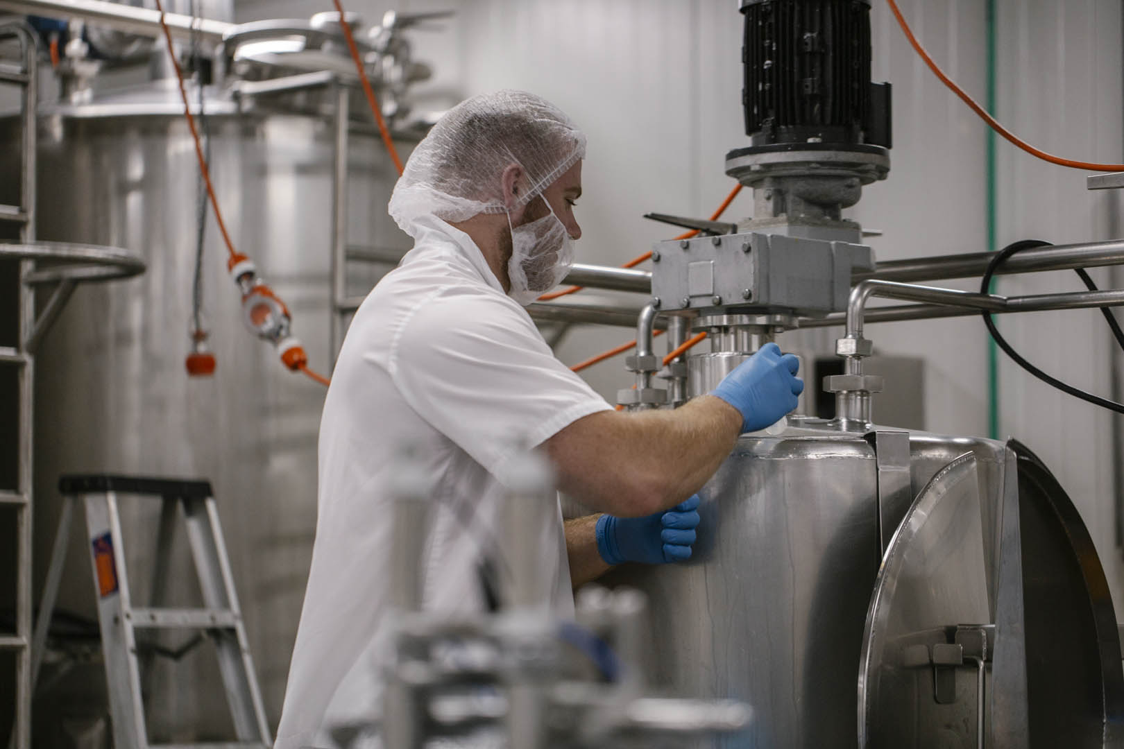 Workers on a Tasmanian food processing production line wearing safety gear