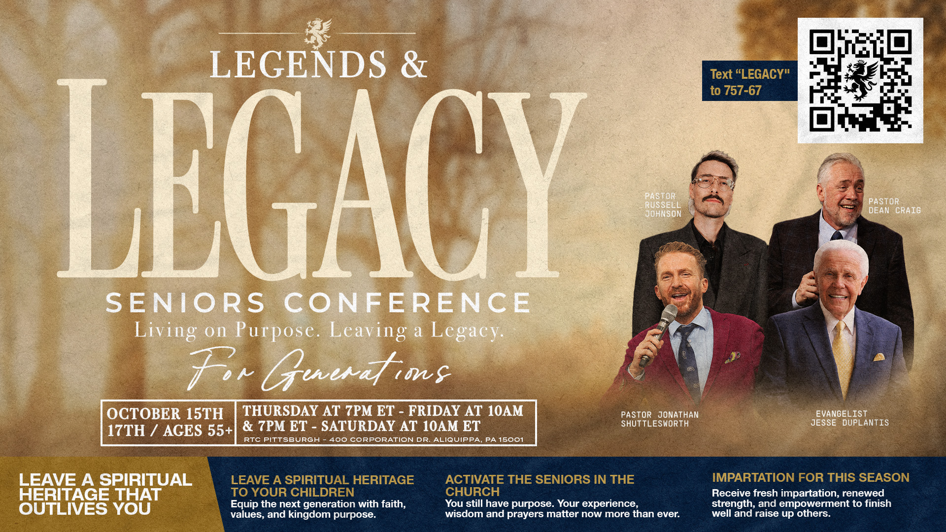 Legends & Legacy Seniors Conference — RTC Pittsburgh, October 15–17, 2026