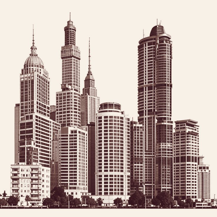 Engraved illustration of a city skyline