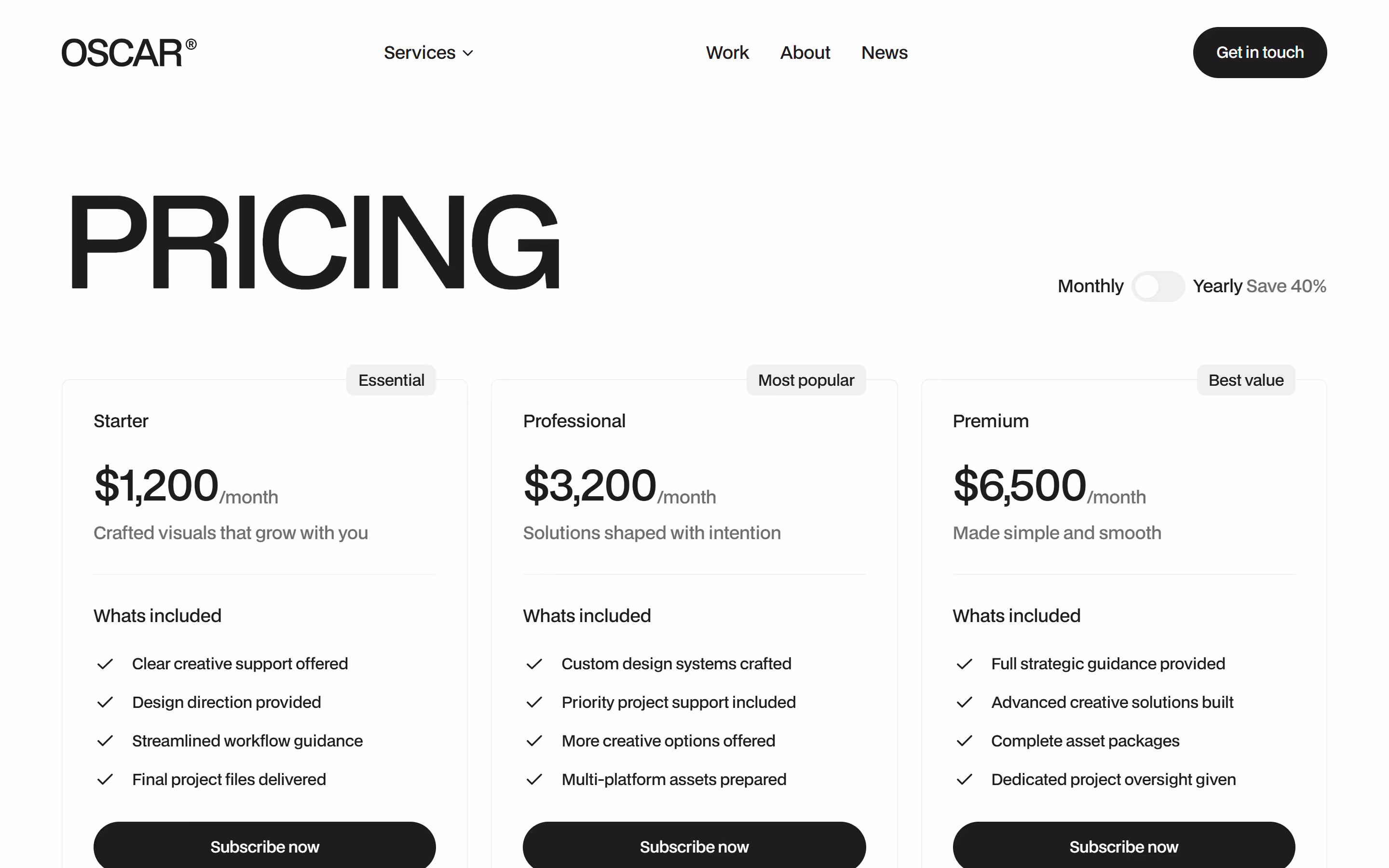 Oscar Webflow Template Pricing Page