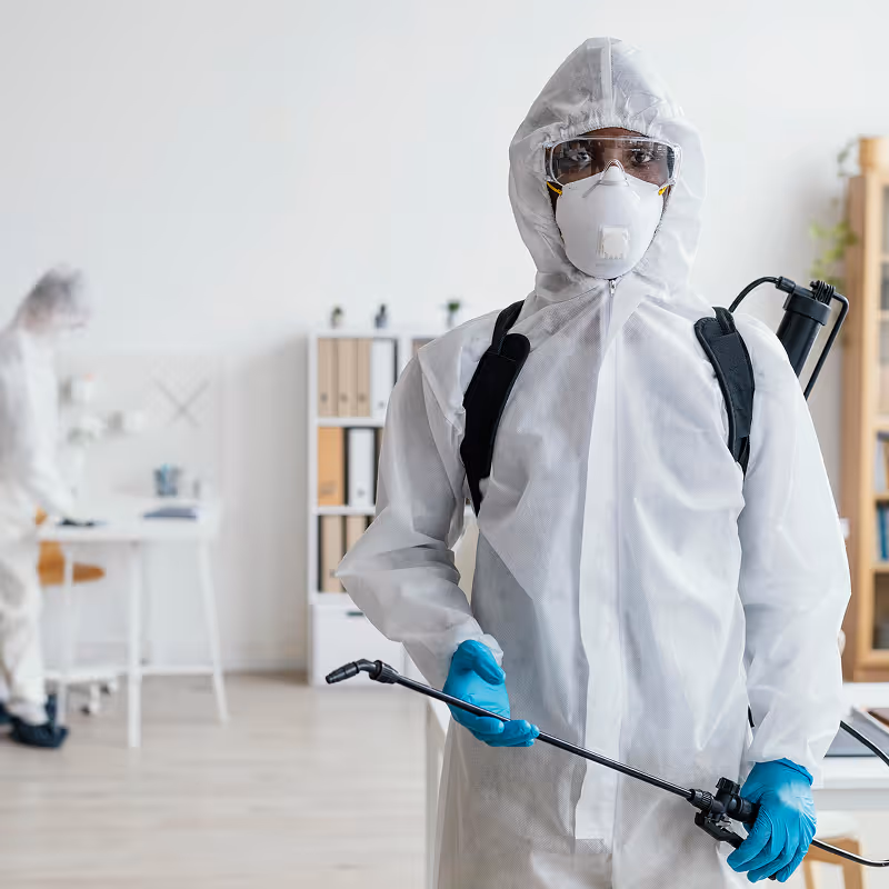Person in white protective suit, face mask, goggles, and blue gloves holding spraying equipment in an office setting.