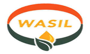 Logo with the word 'WASIL' in yellow letters inside an oval shape with a leaf and flame design at the bottom.