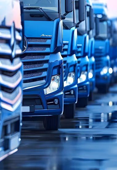 Row of blue commercial trucks lined up on a wet pavement.