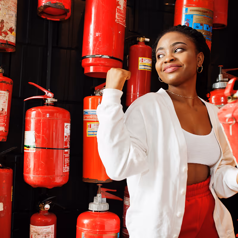 Woman in white cardigan and red pants smiling and flexing her arm among hanging red fire extinguishers.